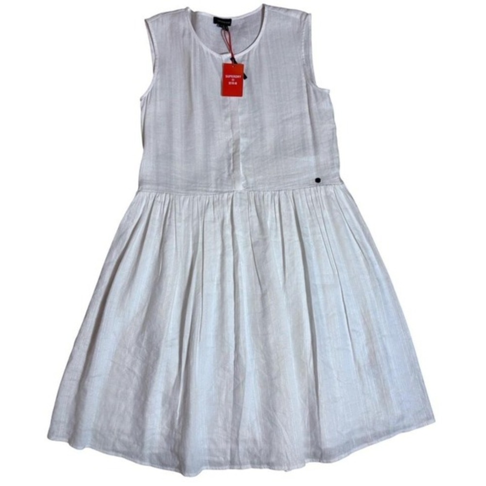 Superdry Linen‎ Blend White Drop Waist Dress Sleeveless Minimalist Resort 8 NWT - Picture 2 of 8